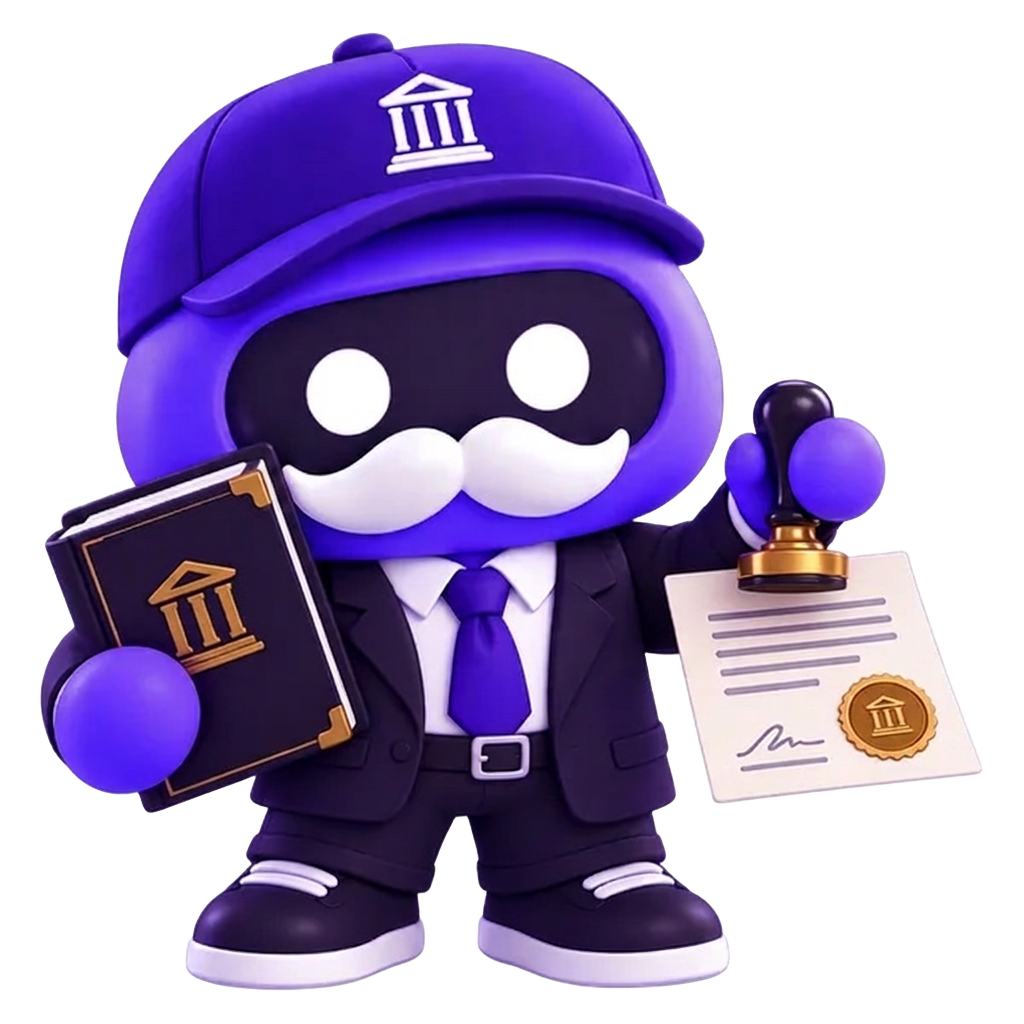 Mascote da solução Burple para cartórios com documentos e carimbo