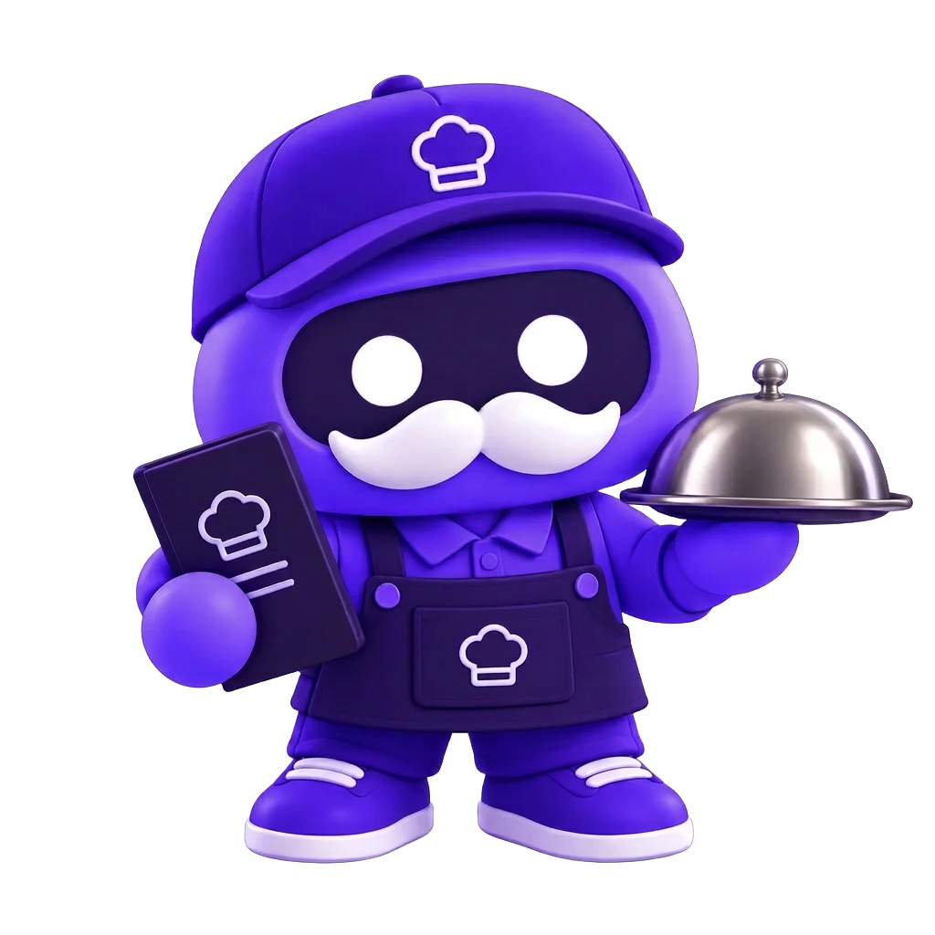 Mascote chef da solução Burple para restaurantes com cardápio e bandeja