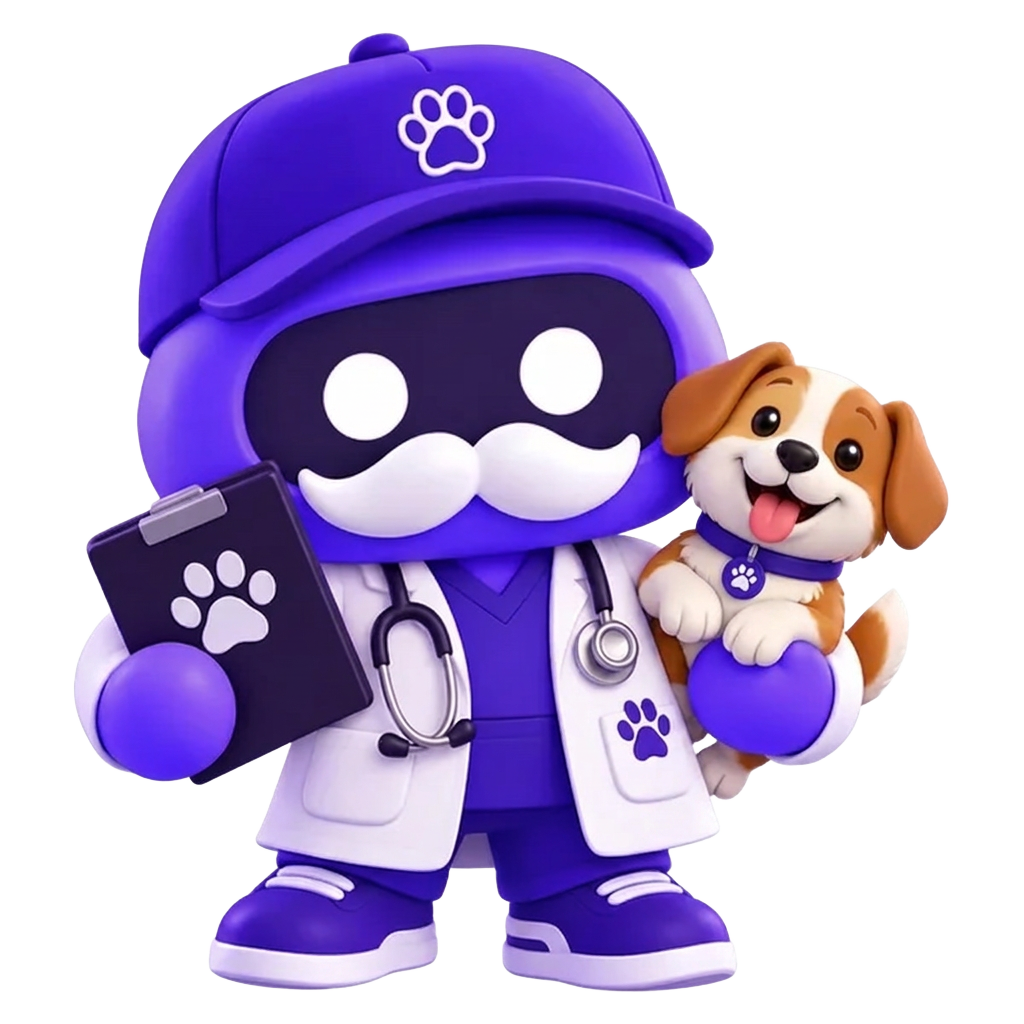 Mascote veterinário da solução Burple acompanhado de cachorro e gato